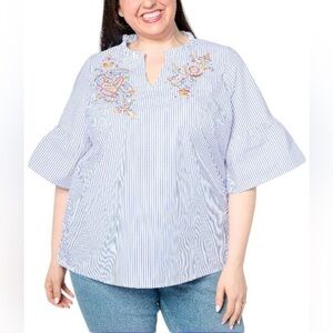 NWOT Quacker Factory Floral Fantasy Striped Pop-Over Blouse Womens 1X Periwinkle